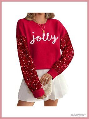 Sequin Sleeve Believe Christmas Sweater Crewneck Long Sleeve Holiday Pullover